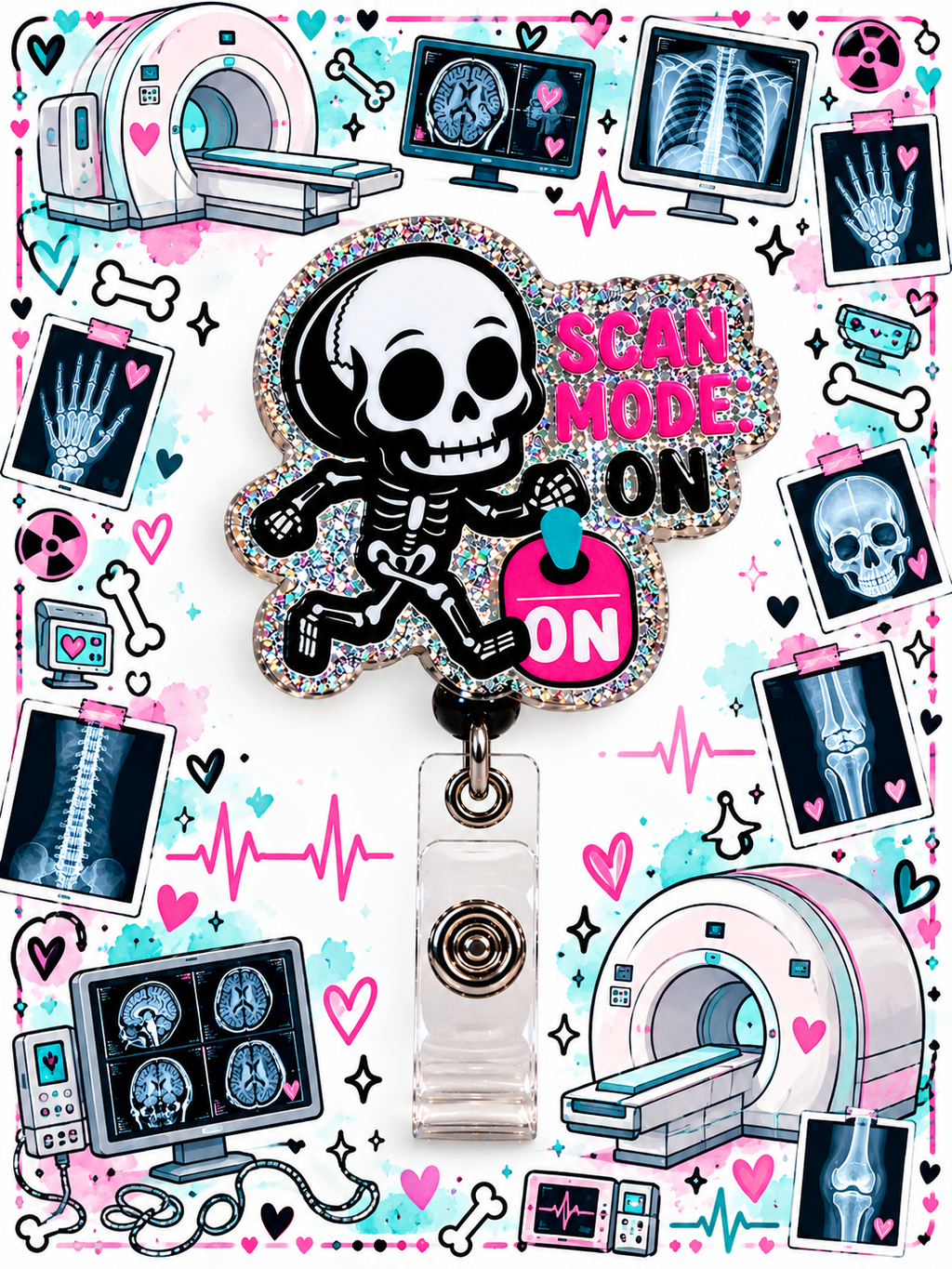 Glitter skeleton radiology badge reel surrounded by colorful medical imaging illustrations
