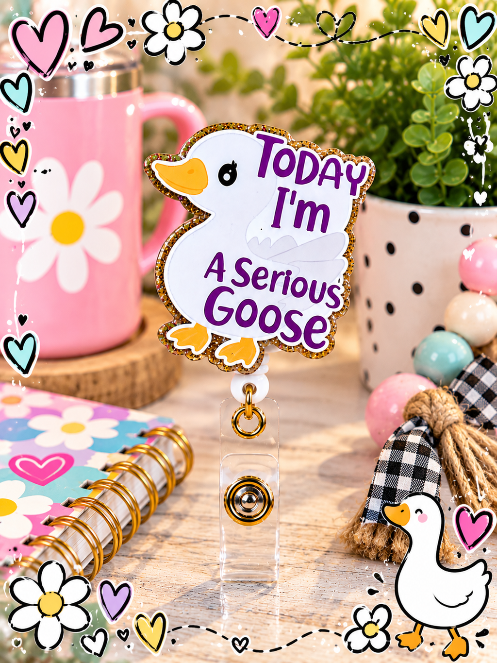 Glitter-edged Serious Goose badge reel with purple lettering