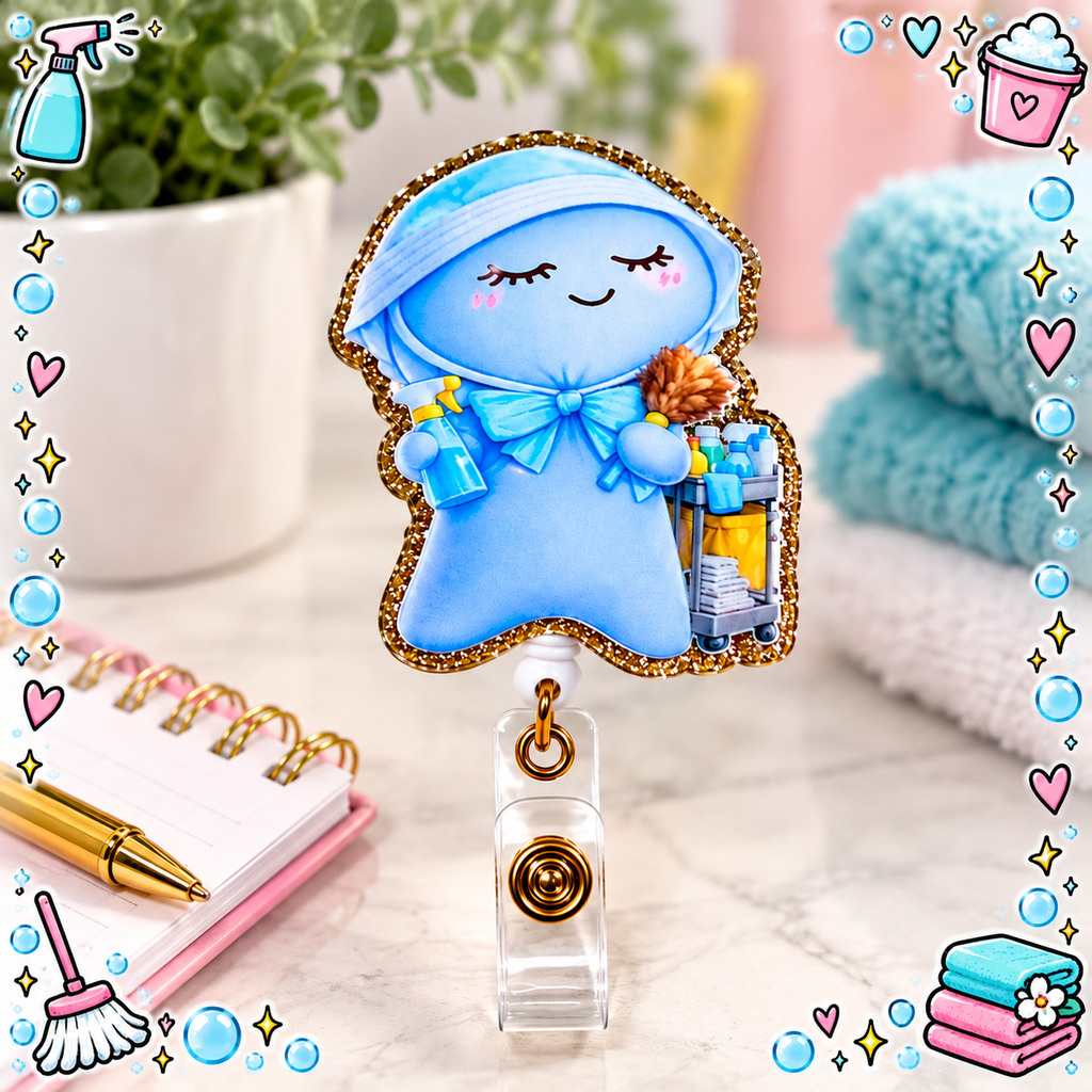 Blue housekeeping mascot badge reel with cleaning cart and gold glitter border