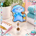 Blue housekeeping mascot badge reel with cleaning cart and gold glitter border