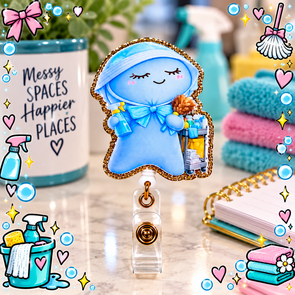 Housekeeping badge reel with clear snap strap in a cleaning-themed display