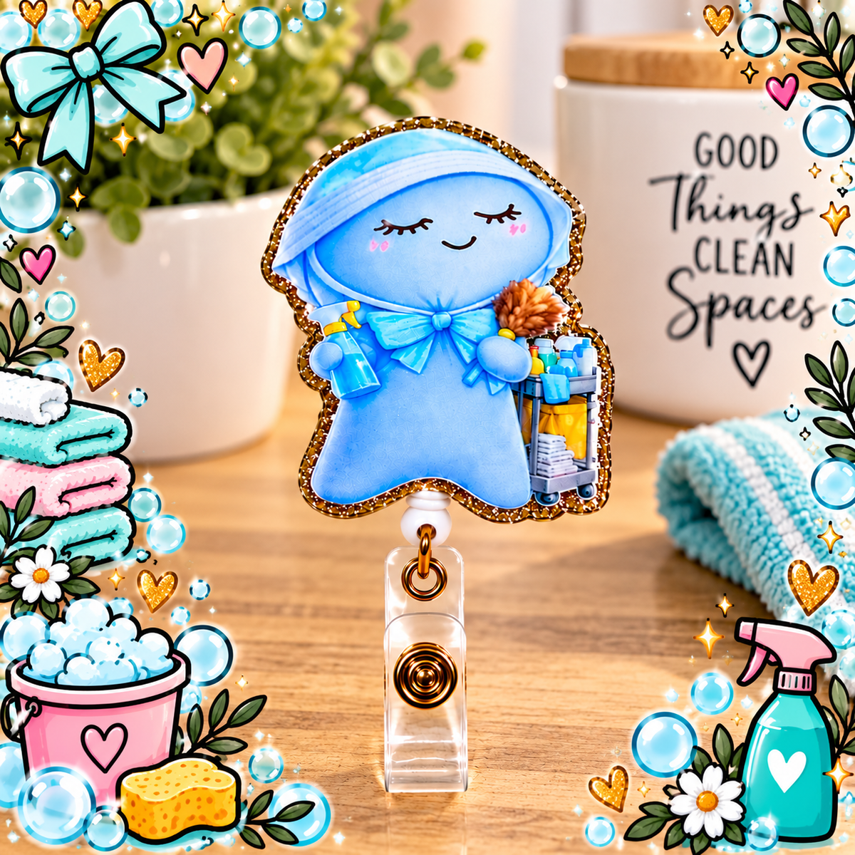 Smiling blue cleaning character badge reel with spray bottle and duster