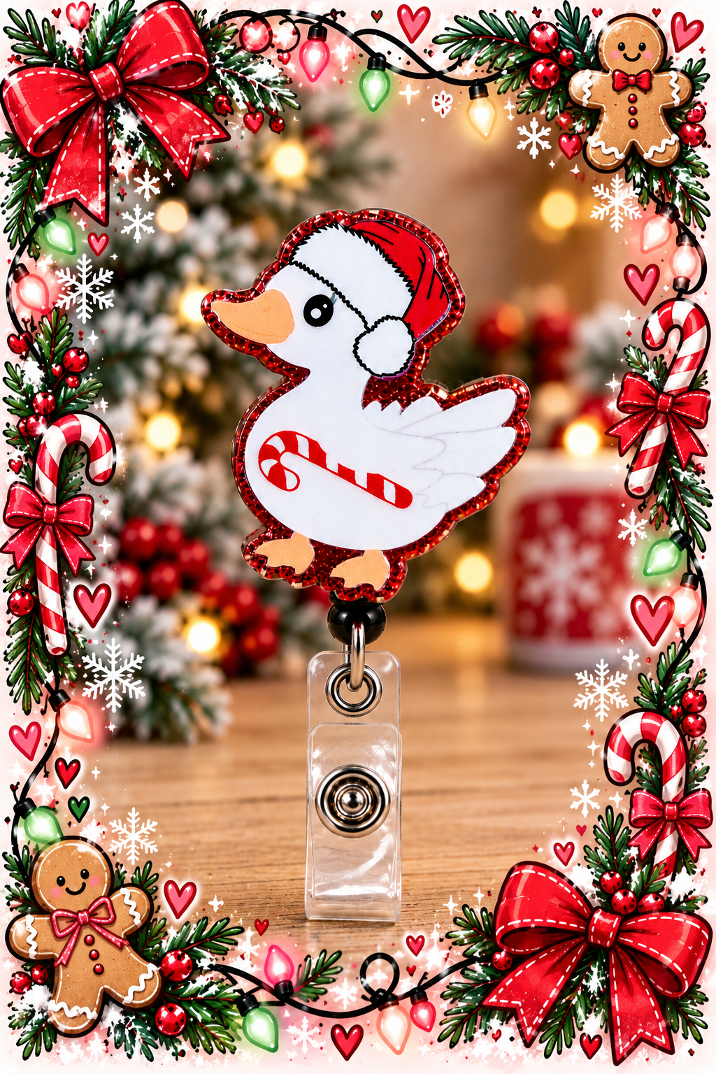 Santa duck badge reel with clear snap strap in a Christmas display