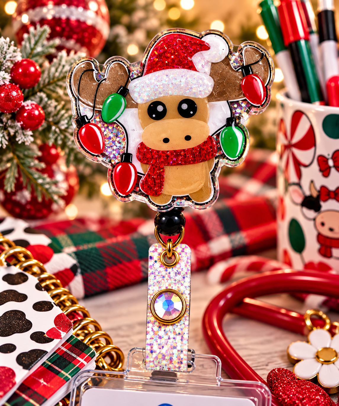 Sparkling reindeer Christmas badge reel with gem-accented strap in a festive desk display