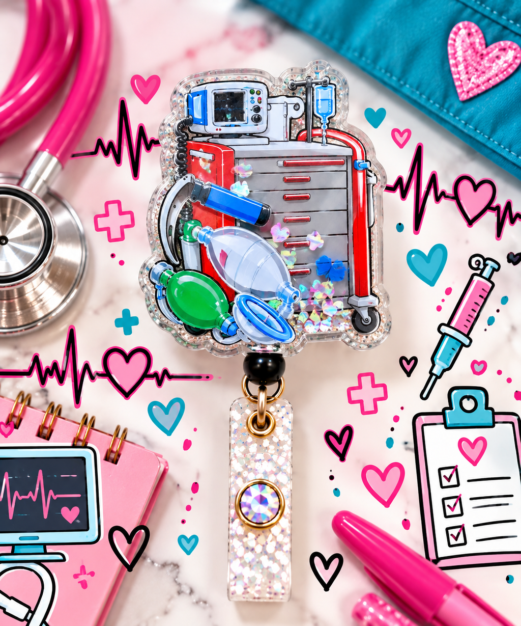 Glitter crash cart badge reel with monitor, IV bag, and airway equipment motifs
