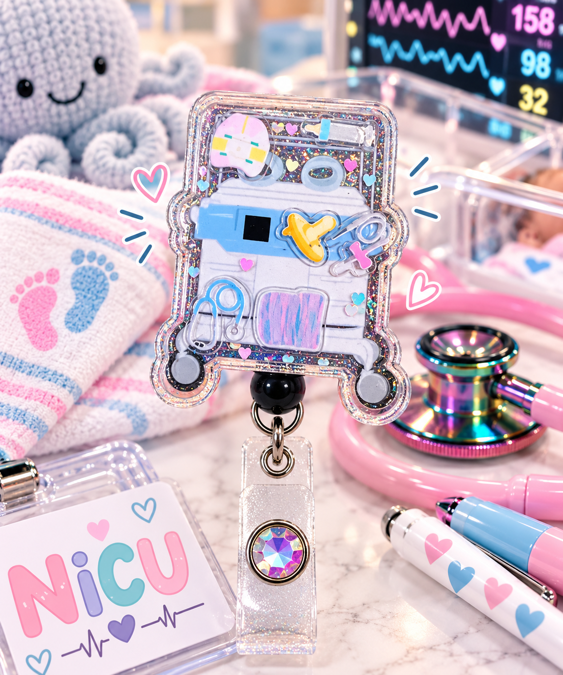 Close-up of pastel NICU shaker badge reel with baby hat, pacifier, and stethoscope motifs