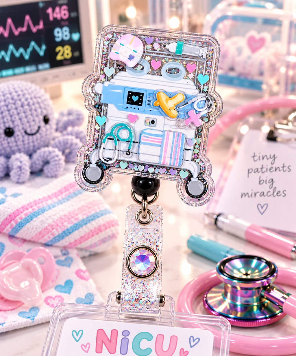 Glitter NICU incubator shaker badge reel with gem-accented strap in a neonatal-themed display