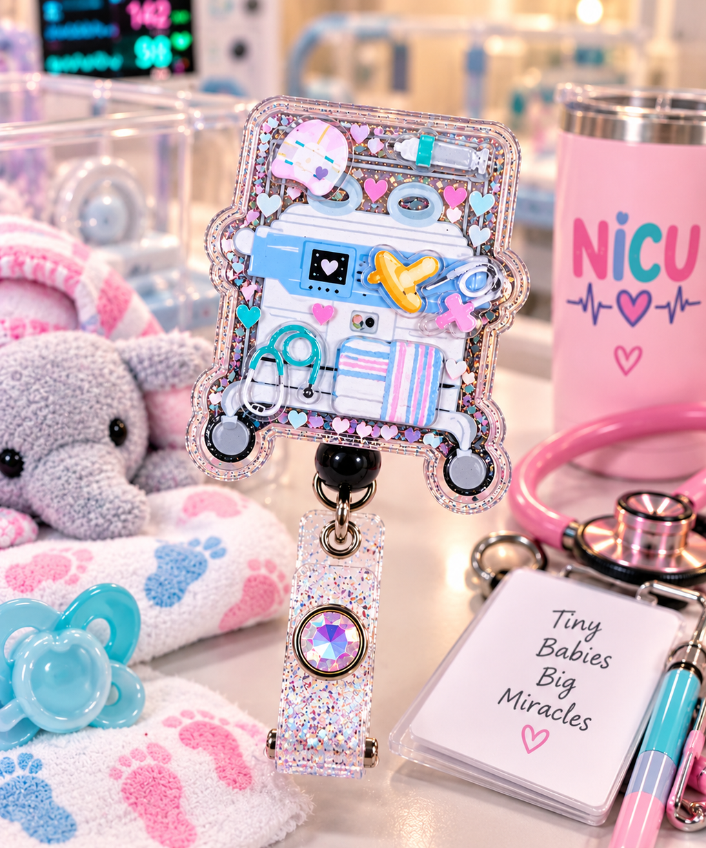 NICU incubator shaker badge reel framed by pastel footprints, hearts, and stethoscope illustrations