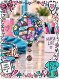 Teal glitter nurse badge reel with colorful medical-supply illustrations and silver-toned scalloped border
