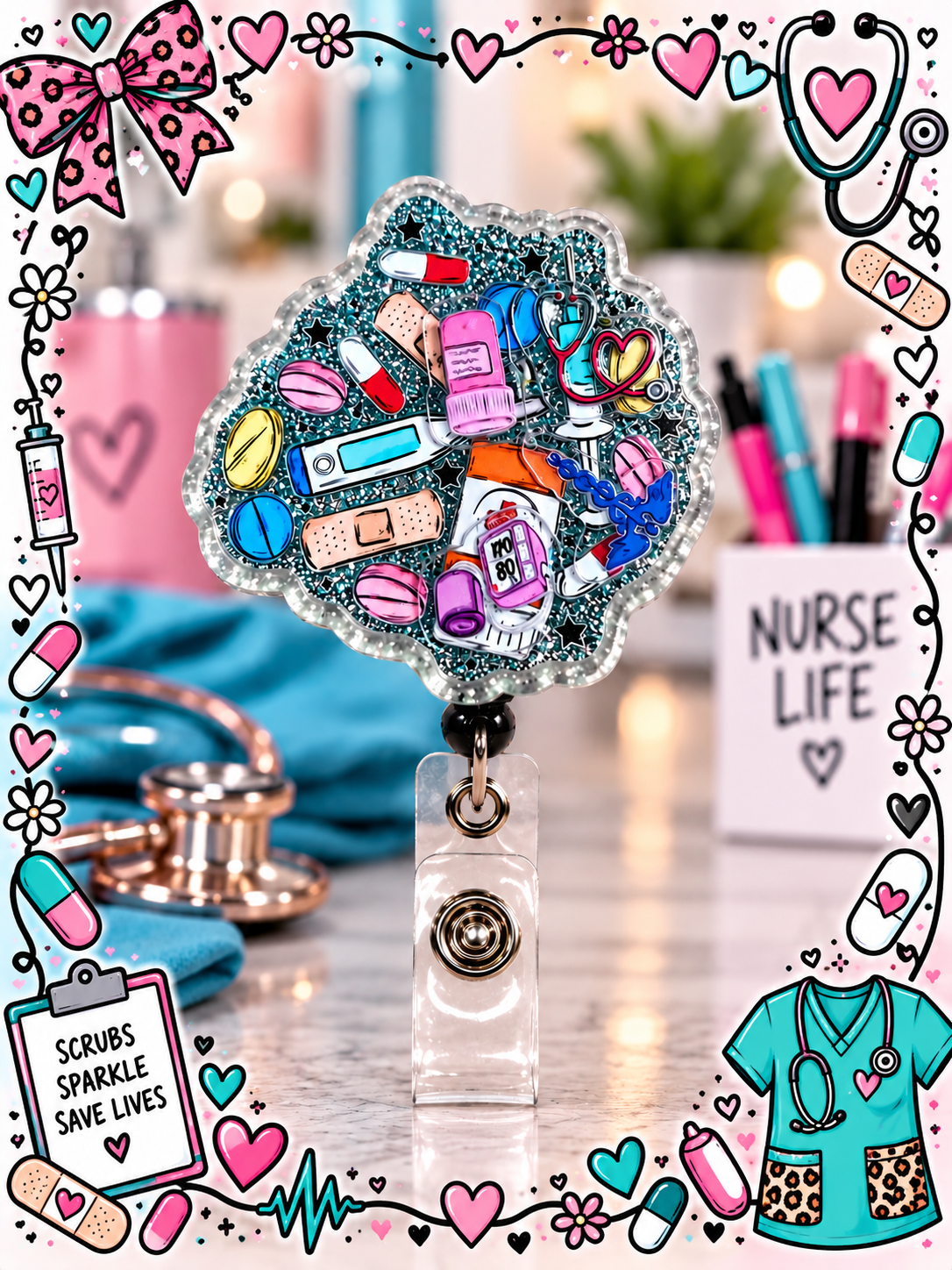 Teal glitter nurse badge reel with colorful medical-supply illustrations and silver-toned scalloped border