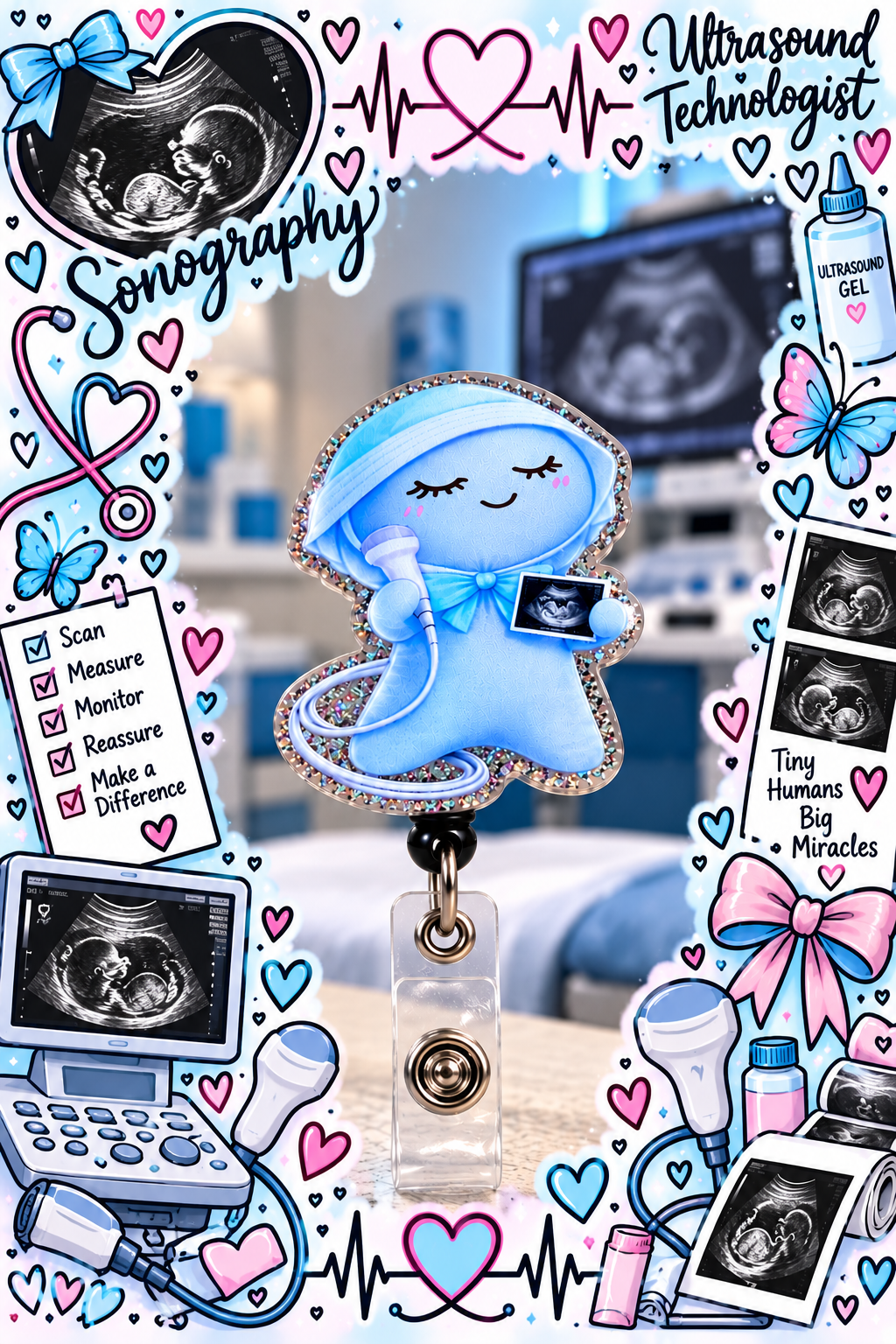 Blue sonographer character badge reel holding an ultrasound probe and sonogram, with sparkling edging