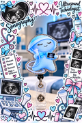 Blue sonographer character badge reel holding an ultrasound probe and sonogram, with sparkling edging