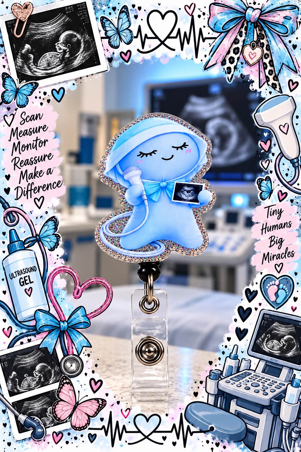 Blue sonographer badge reel with matching cap and bow