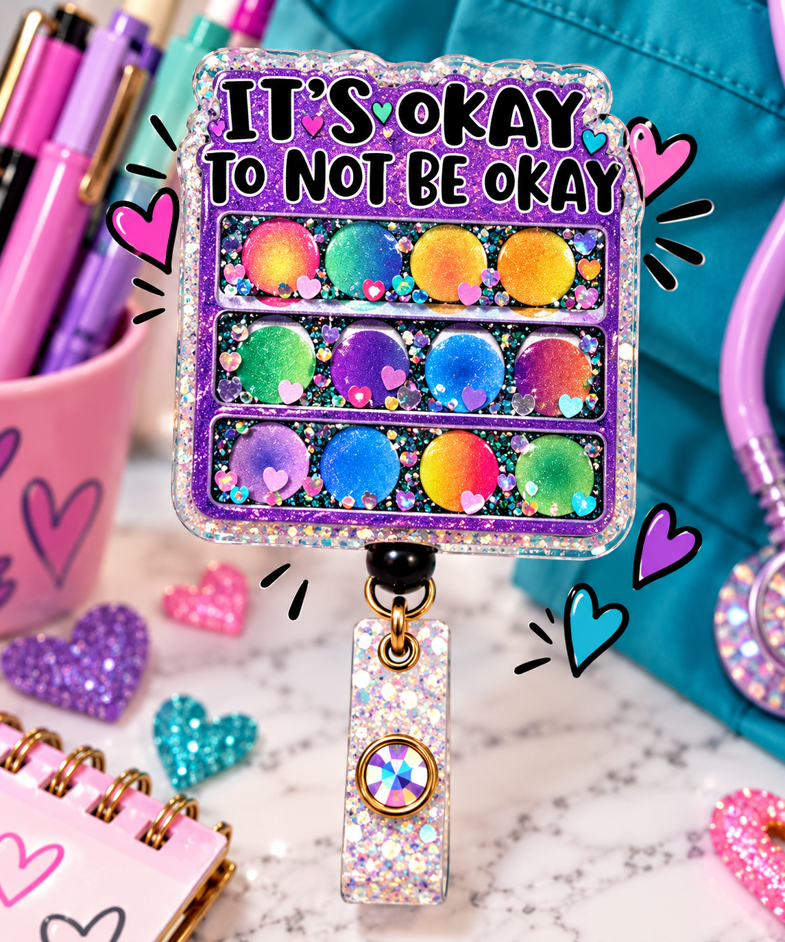 It's Okay to Not Be Okay purple glitter badge reel with rainbow circles