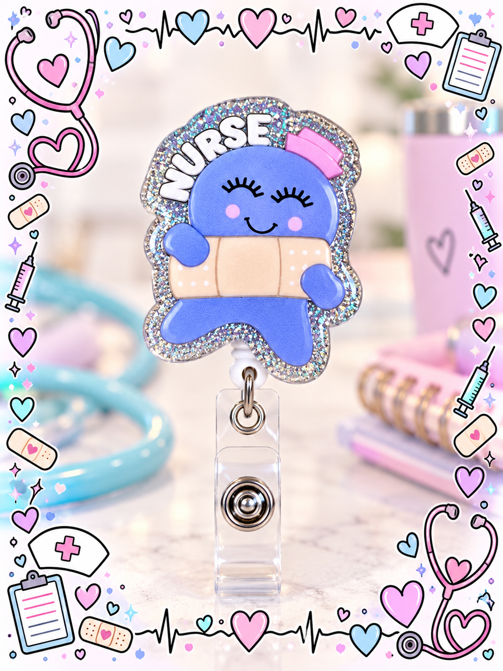 Nurse badge reel with white NURSE lettering displayed beside purple nursing accessories