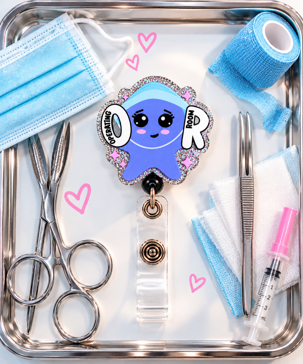 Cute Operating Room badge reel with black bead accent in a surgical-themed display