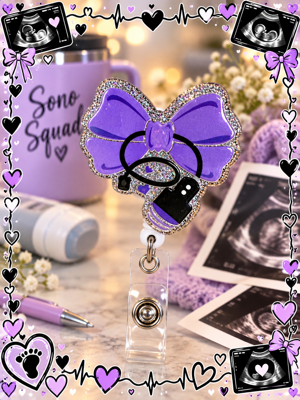 Purple sonography bow badge reel with clear snap strap in an ultrasound-themed display
