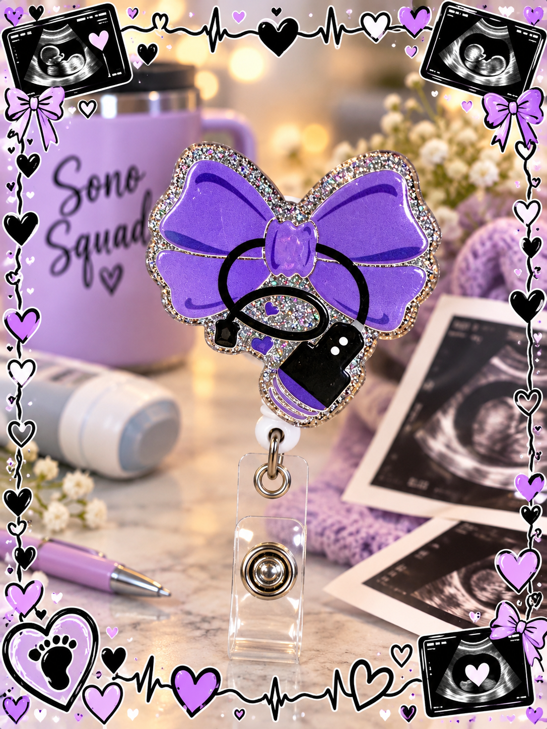 Purple sonography bow badge reel with clear snap strap in an ultrasound-themed display