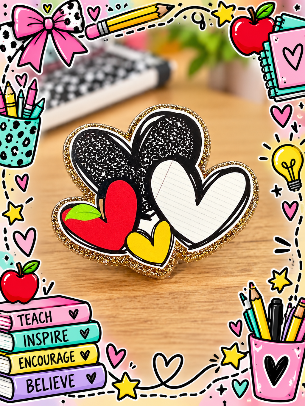 Layered teacher heart badge reel displayed with colorful classroom accessories