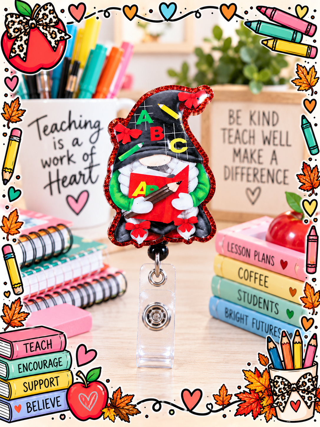 Teacher gnome badge reel with white braids and red bows displayed beside classroom supplies