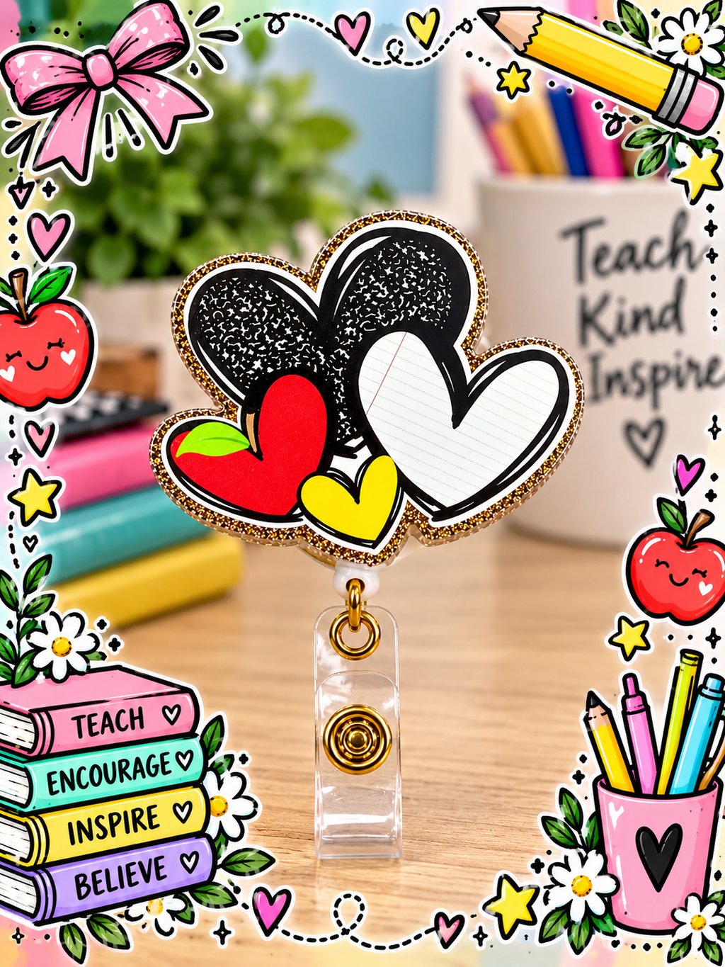 Teacher heart badge reel with apple and notebook-inspired hearts, gold glitter edging, and clear snap strap