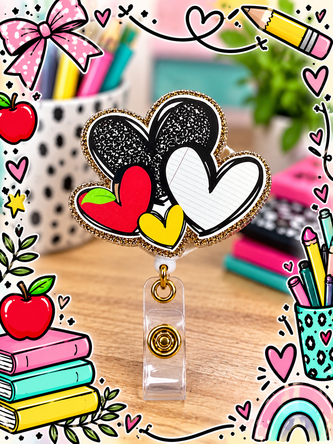 Gold-edged teacher heart badge reel in a school-themed desk display