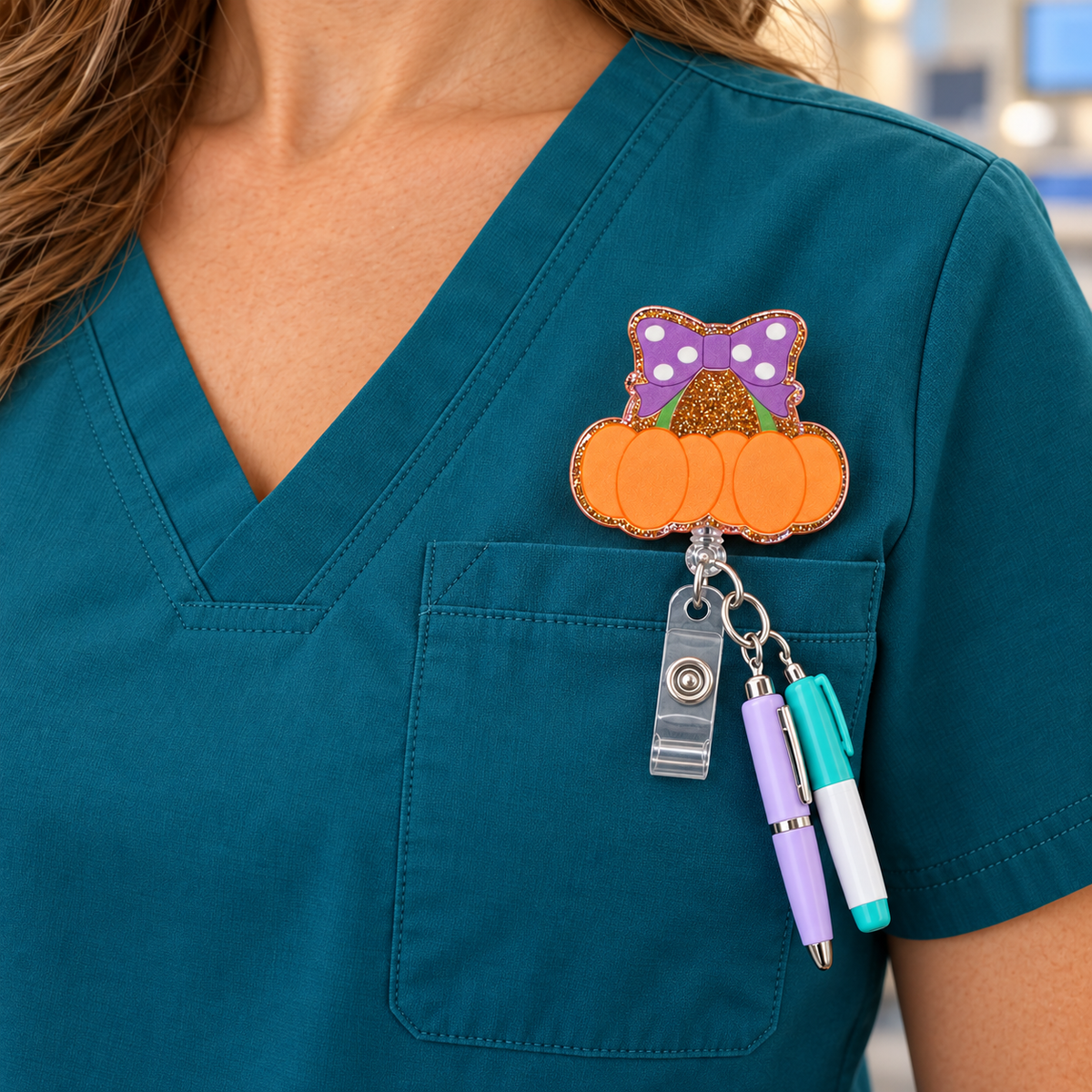 Pumpkin Bow Badge Reel – Glitter Acrylic Halloween