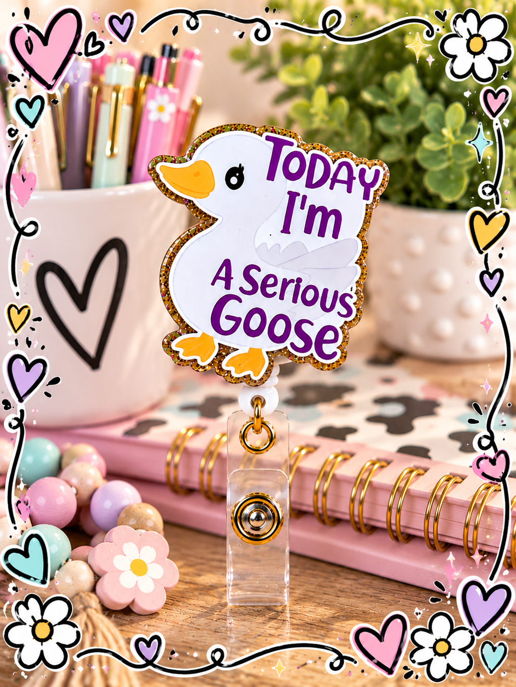 Goose badge reel with clear snap strap in a black and white themed display