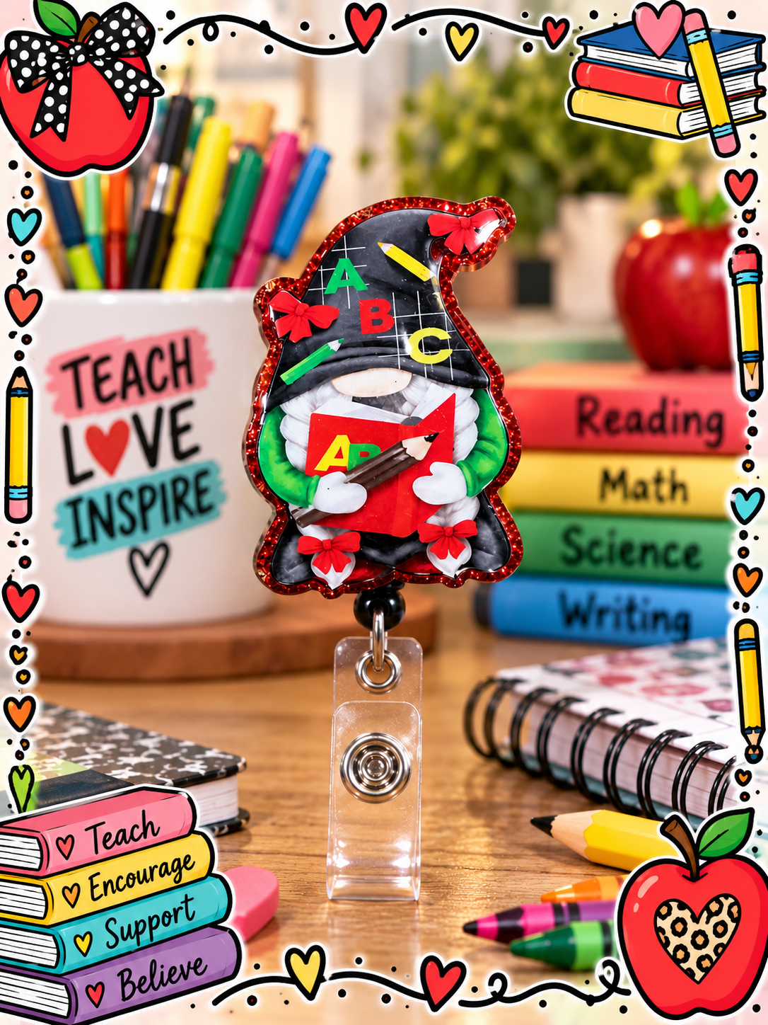 Teacher gnome badge reel with ABC chalkboard-style hat, red book, and sparkling red border