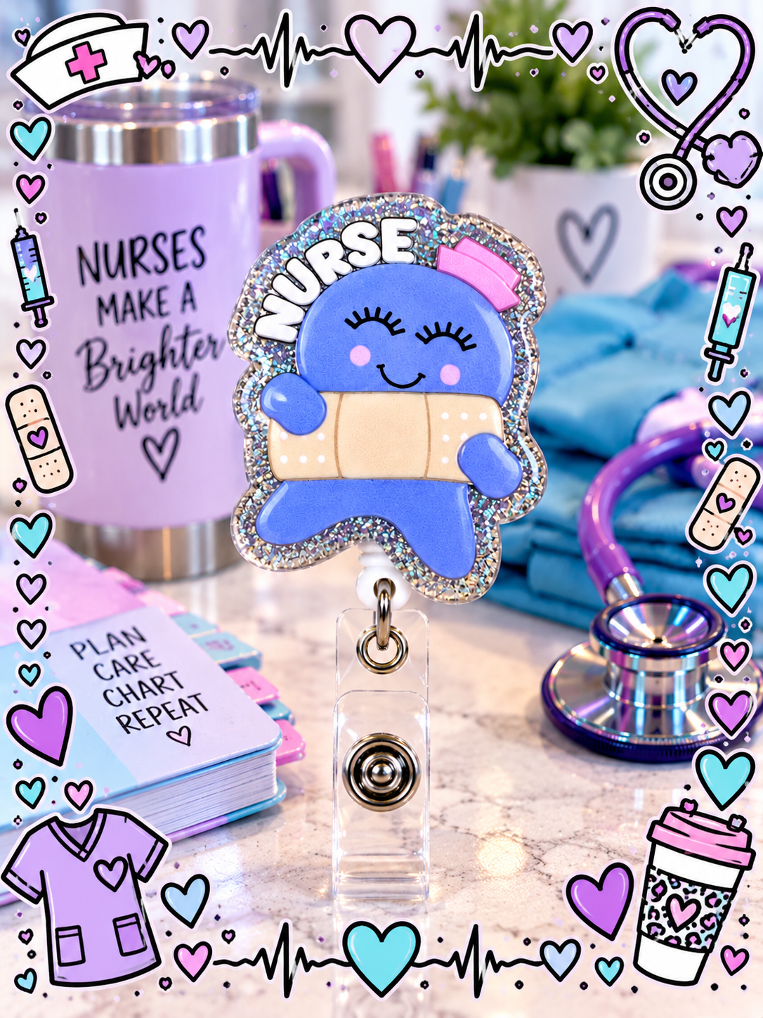 Smiling blue nurse badge reel with clear snap strap in a nursing-themed display