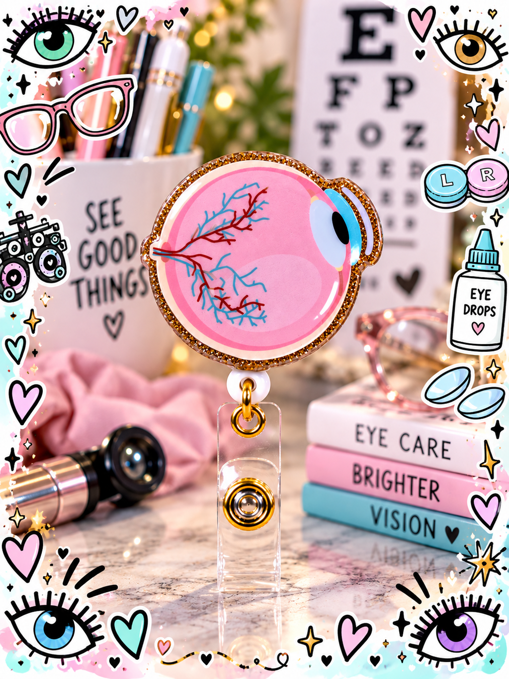 Eye badge reel with gold-tone edging displayed with optometry accessories