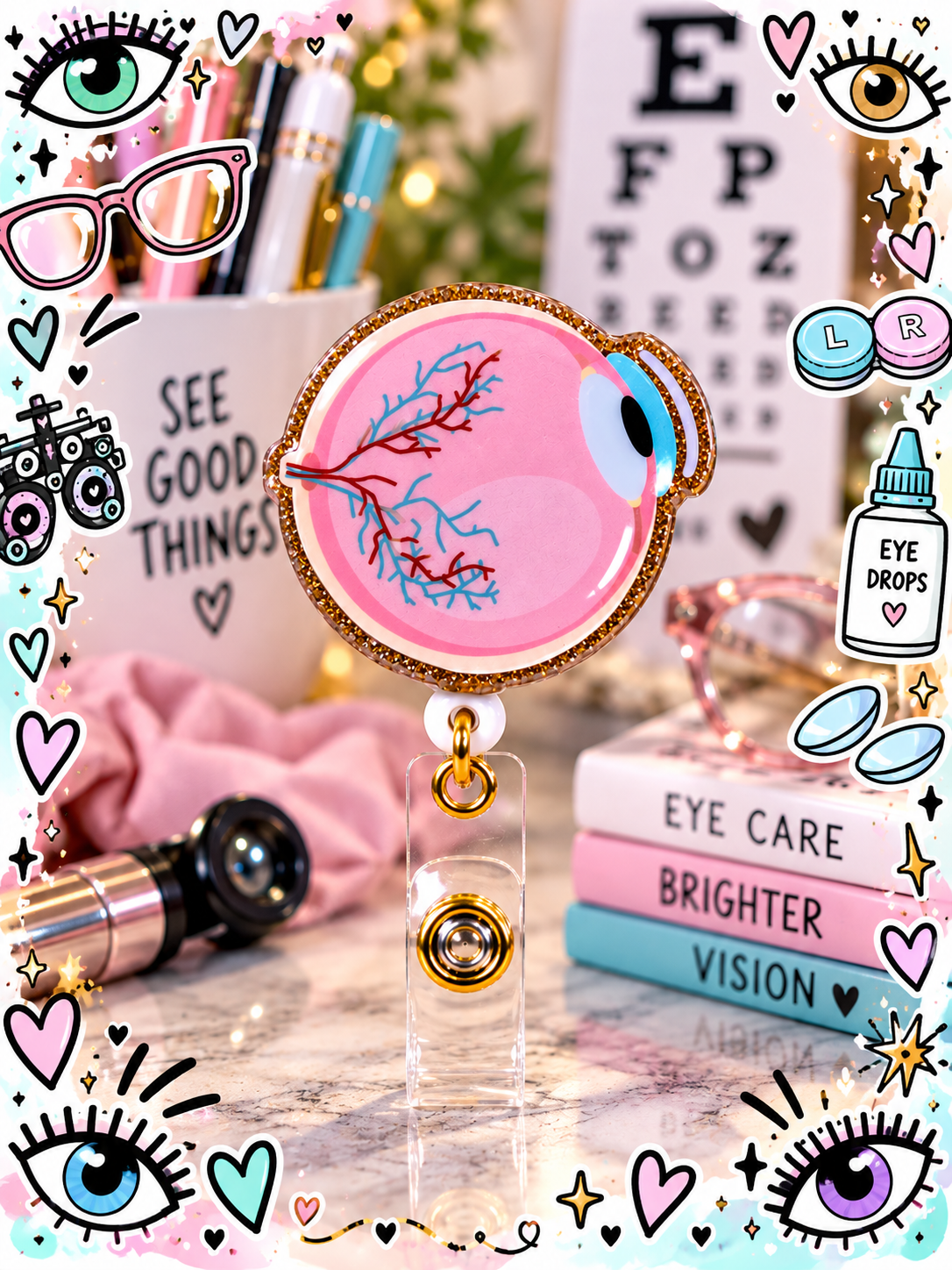Eye badge reel with gold-tone edging displayed with optometry accessories