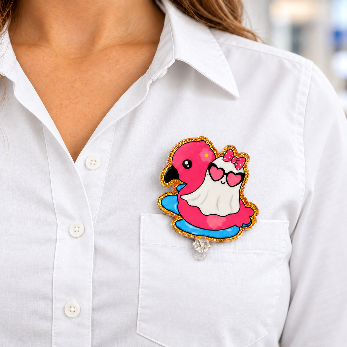 Ghost Flamingo Pool Float Badge Reel – Glitter Acrylic Halloween